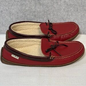 LL Bean Red Leather Moccasin Shearling Lined Slippers-Women Size 10